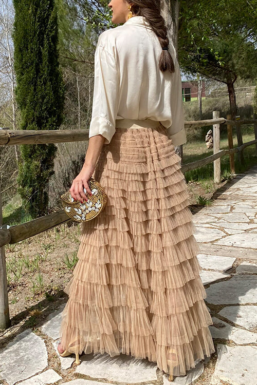Ruffle Layered Pleated Tulle Maxi Skirt