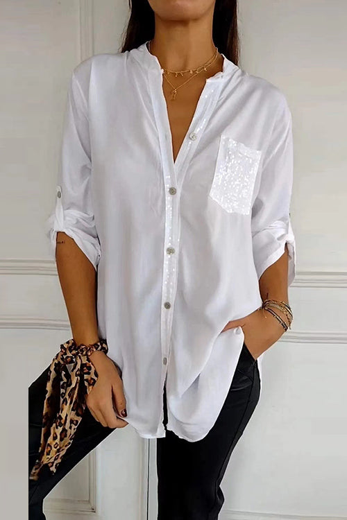 Rolled Up Sleeves Button Down Sequin Splice Blouse Shirt