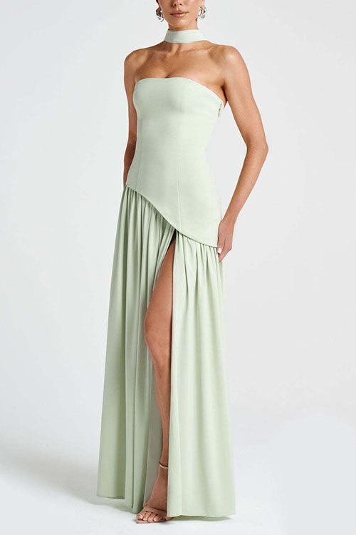 Moxidress Strapless Back Lace-up High Slit Splice Maxi Dress