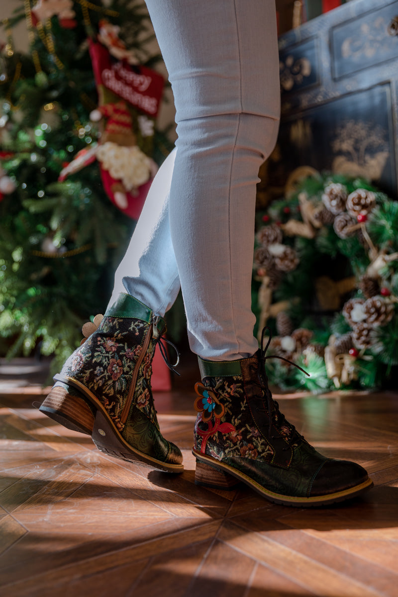 Soffia | Appliqued Lace Up Leather Ankle Boot