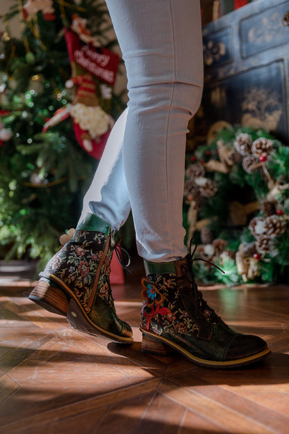 Soffia | Appliqued Lace Up Leather Ankle Boot