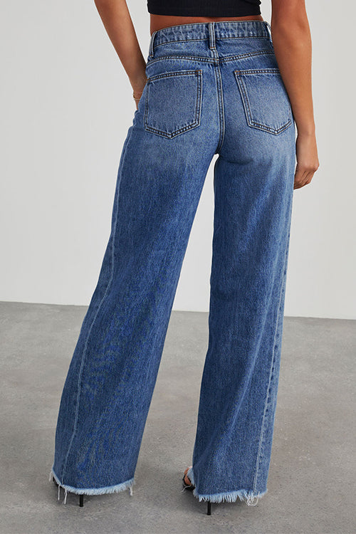 Raw Hem Distressed Wide Leg Denim Pants