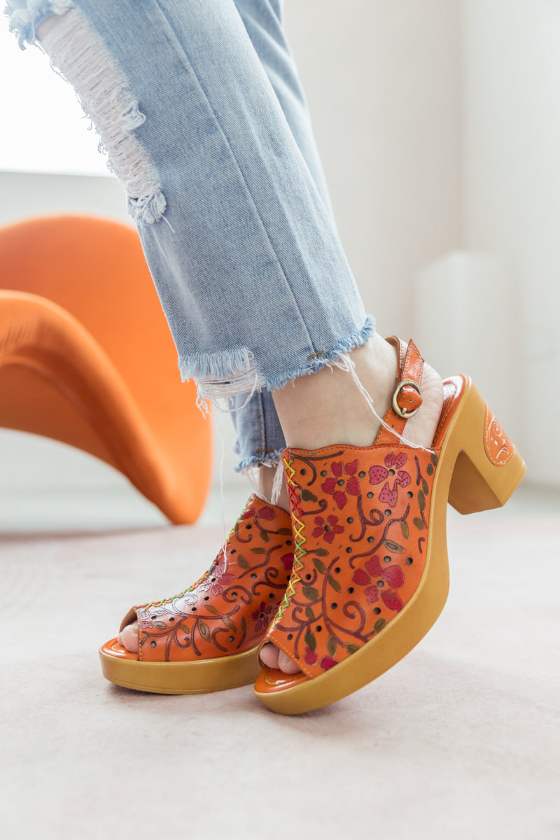 Soffia | Orange Embossed Perforated Leather Sandal