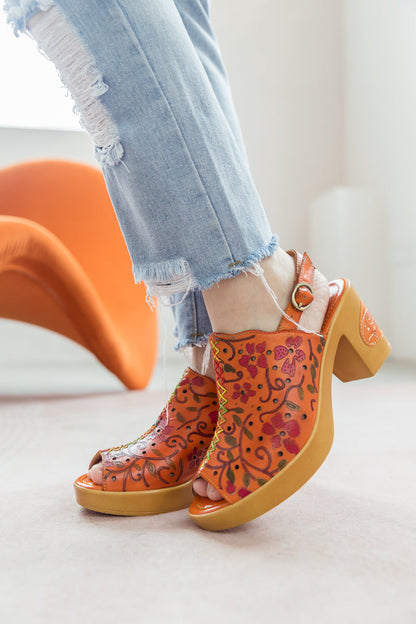 Soffia | Orange Embossed Perforated Leather Sandal