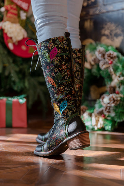 Soffia | Patchwork Applique Leather Canvas Boot