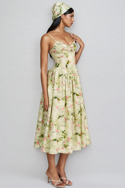 Raleign Green Print Ruched Midi Dress