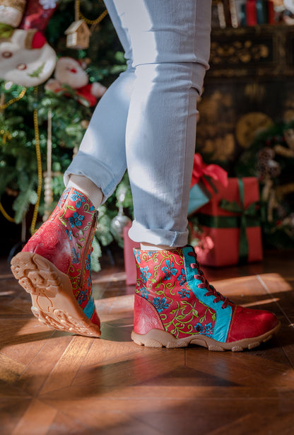 Soffia | Swirl Embossed Lace Up Leather Combat Boot