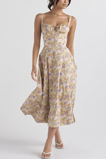 Adjustable Strap High Waist Slit Swing Midi Dress