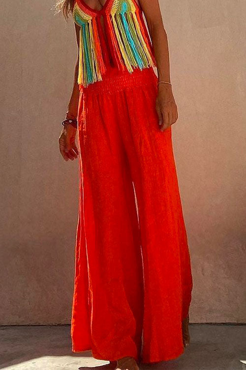 Smocked Elastic Waist Baggy Wide Leg Cotton Linen Pants