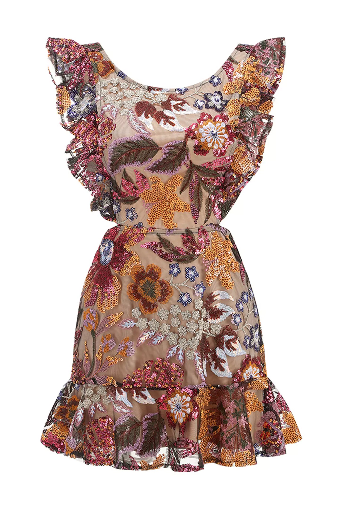 Sarai Brown Ruffle Cutout Mini Dress