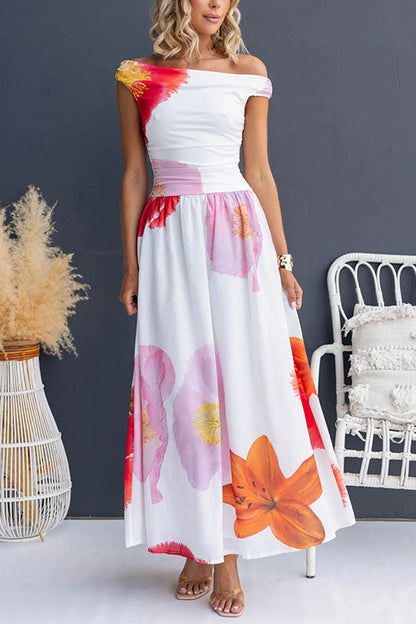 Boat Neck Waisted Print Swing Maxi Dress