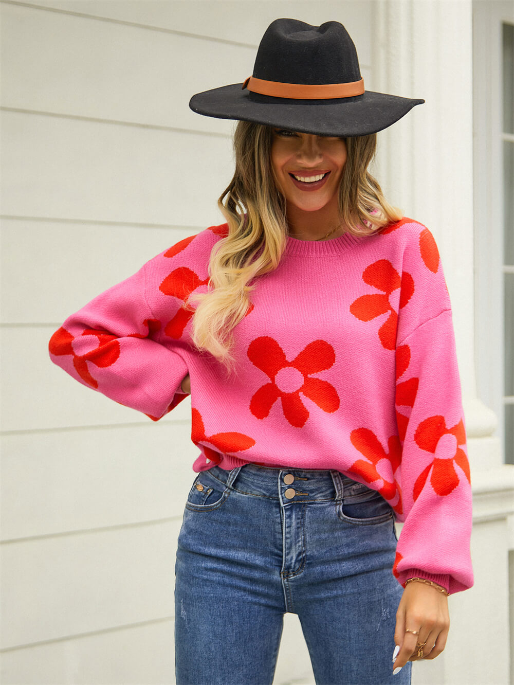 Fall Mega Daisy Pullover Sweater - Pink