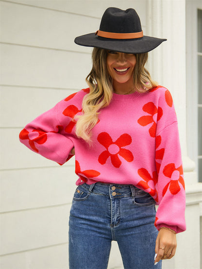 Fall Mega Daisy Pullover Sweater - Pink