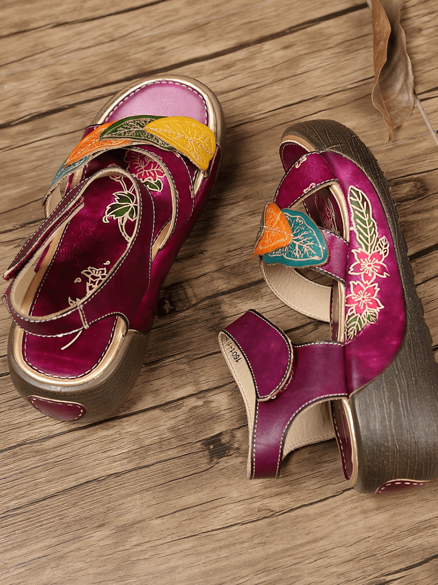 Soffia | Genuine Leather Applique Platform Ankle Strap Sandal