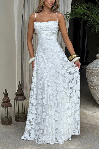 Moxidress Spaghetti Strap Backless Lace-up Jacquard Maxi Dress