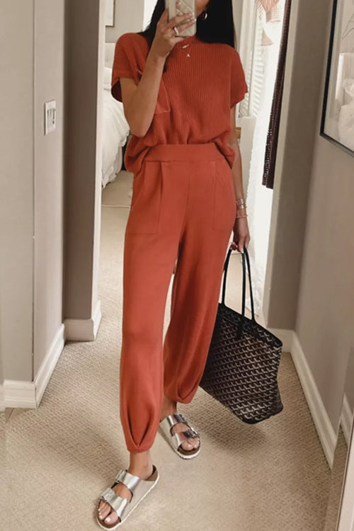 Short Sleeves Ribbed Knit Pullover Ruched Harem Pants Set