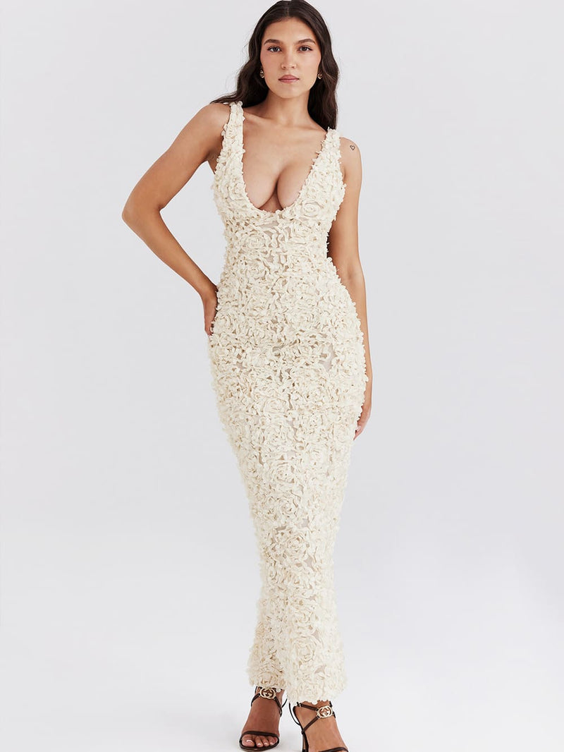 Creme Plunge Appliqué Maxi Dress-carena
