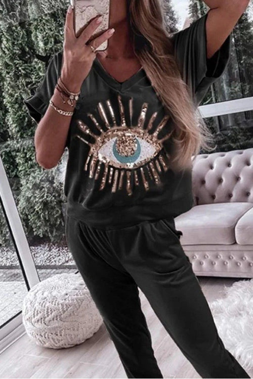 Sequin Pattern V Neck Short Sleeve Top With Pocketed Pants Set