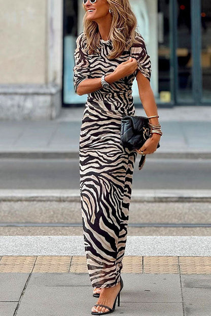 Long Sleeves Printed Stretchy Maxi Dress
