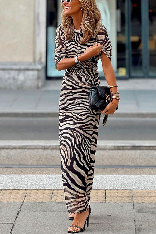 Long Sleeves Printed Stretchy Maxi Dress