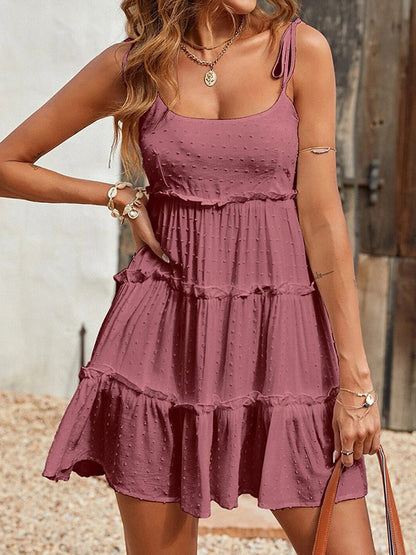 A-line Loose Jacquard Layered Pleated Color Split-joint Spaghetti-neck Mini Dresses