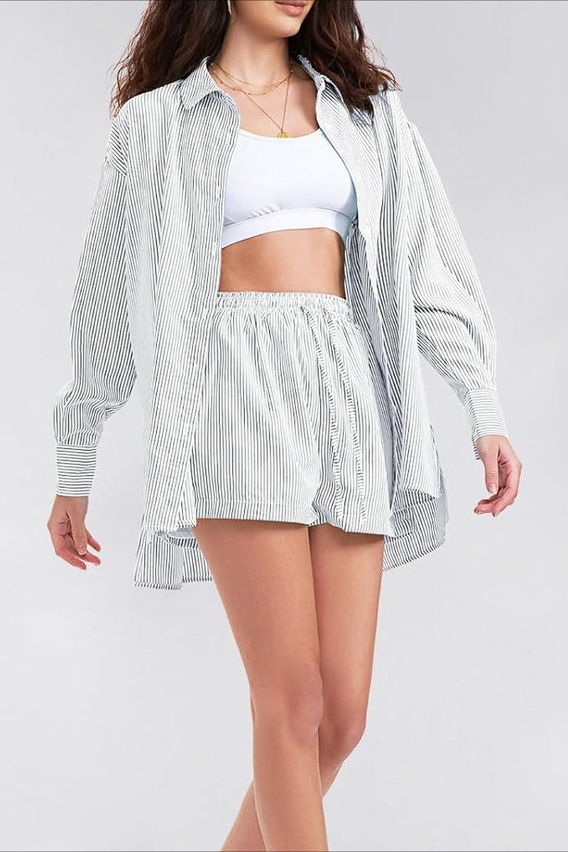 Striped Lapel Long Sleeve Blouse Shorts Set