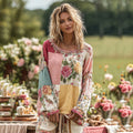 Women's Bohemian Rose Patchwork Contrast Color Long Sleeve T-shirt elevenforest