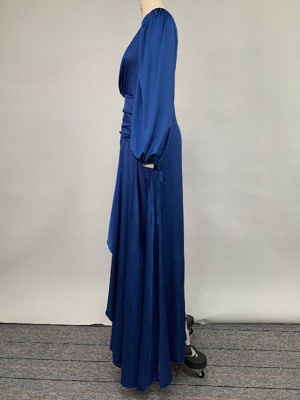 Look-thin Pleated Color V-cut Long Sleeves Maxi Dresses