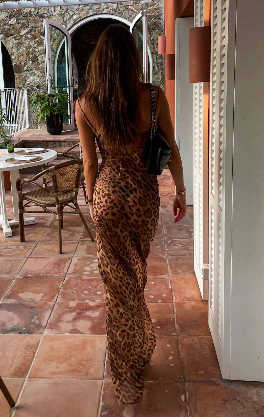 Sheer Cowl Neck Leopard Cami Maxi Dress