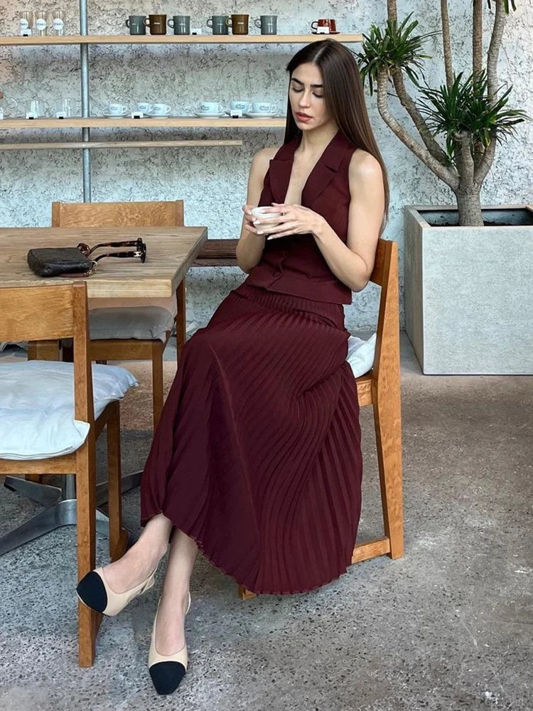 Folds Long Skirt Two Pieces Set ’s Notched Sleeveless Short Vest Top High Waist Maxi Skirt Sets