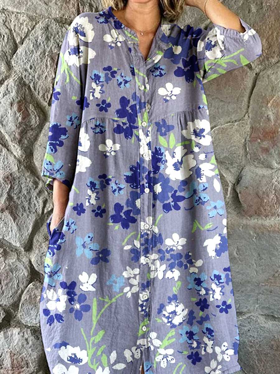 Women's Resort Art Floral Pattern Cotton Shirt Dress