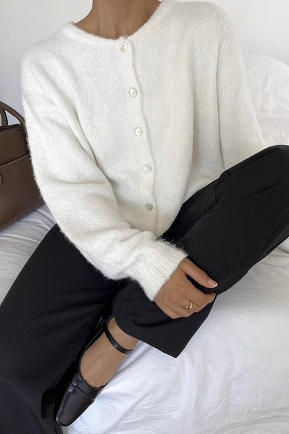 Soft Gray Shell-button Knit Cardigan