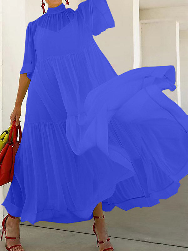 Loose Color Split-joint Inner Dress + Mesh Pleated Mock Neck Outer Dress Two Pieces Set