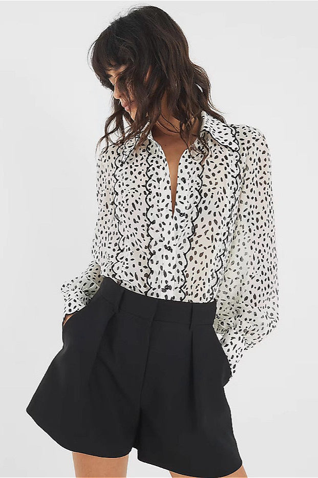 Satin-texture Draped Long-sleeve Versatile Blouse