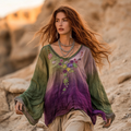 Boho Floral Embroidery Patchwork Art Print Cotton And Linen Blend Loose Blouse elevenforest