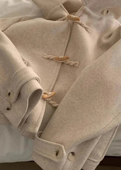 Horn Button Woolen Hooded Coat With Large Pockets