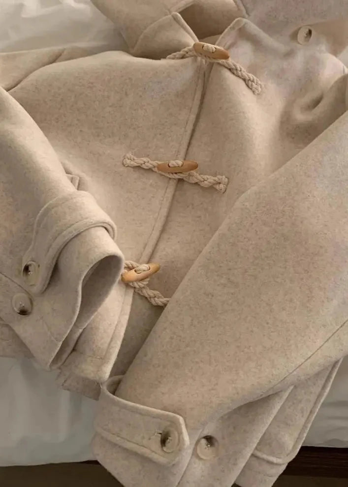 Horn Button Woolen Hooded Coat With Large Pockets