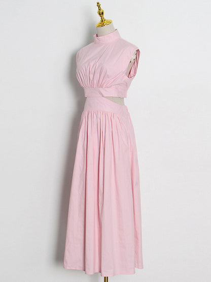 Vacation Loose Sleeveless Hollow Color Stand Collar Maxi Dresses