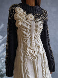 Comstylish Vintage Skeleton Roses Contrast Color Cozy Sweater Dress