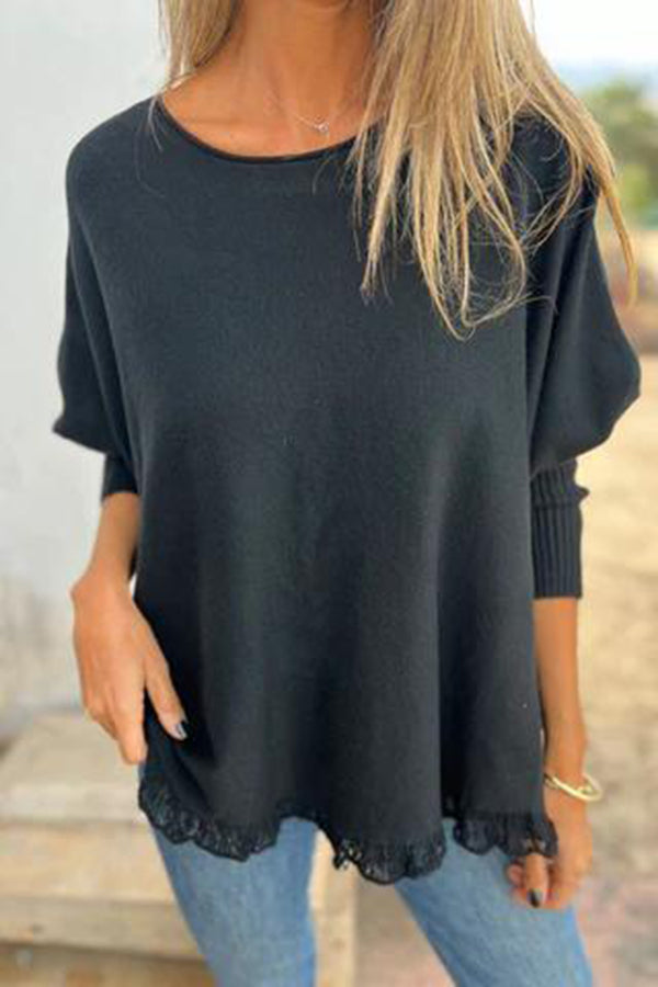 Color Loose Long Sleeve Lace Knitted Sweater