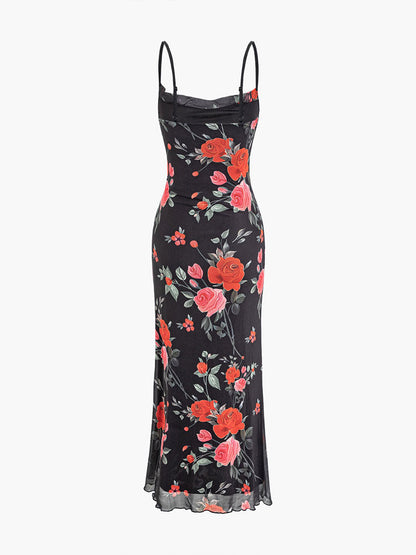 Print Mesh Spaghetti Strap Maxi Dress