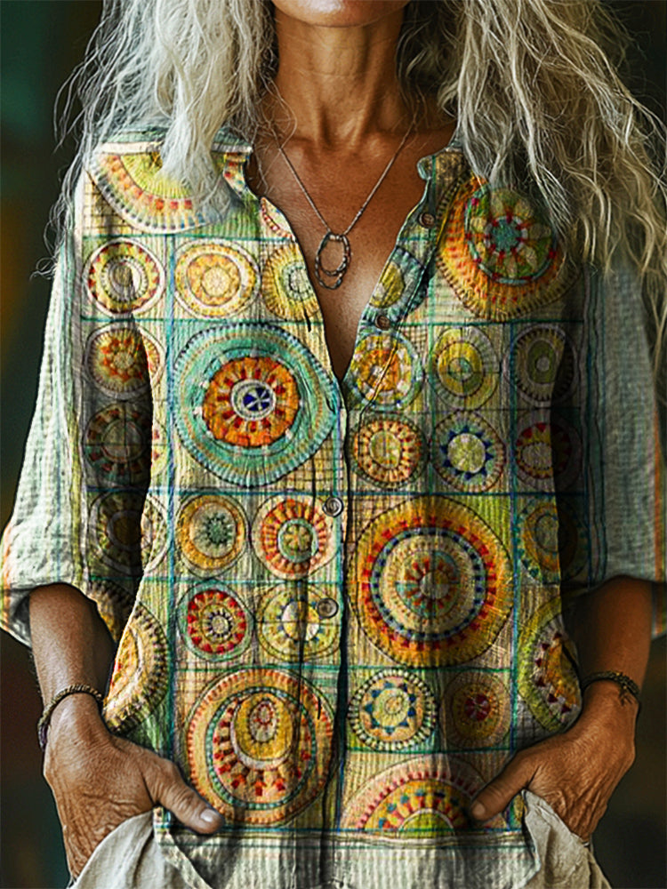 Women's Vintage Bohemian Patchwork Art Print Casual Cotton Linen Shirt