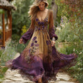 Women's Purple Floral Pattern Casual V-neck Long Sleeve Dress