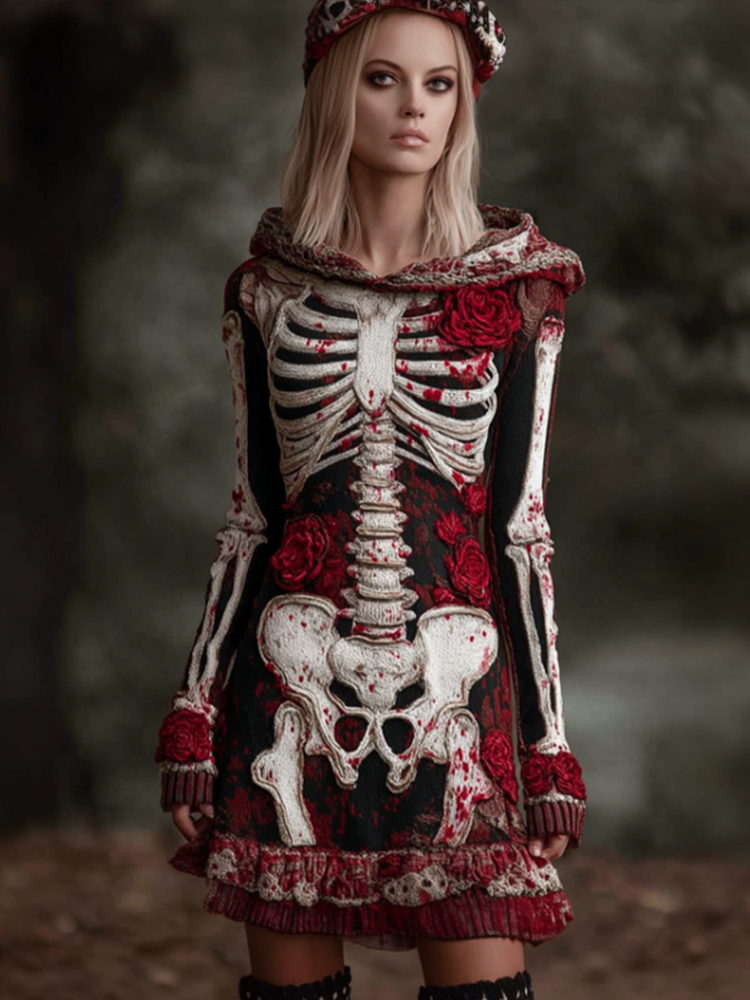 Comstylish Halloween Blood Rose Women's Knit Hooded Sweater Dress