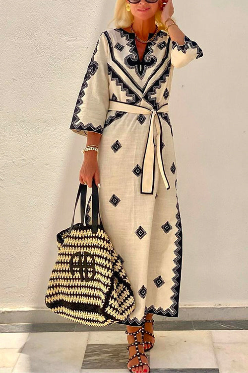 V Neck Tie Waist Side Split Bohemia Printed Maxi Dress
