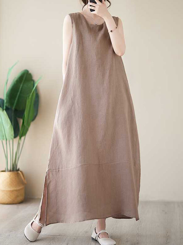 A-line Loose Color Round-neck Midi Dresses