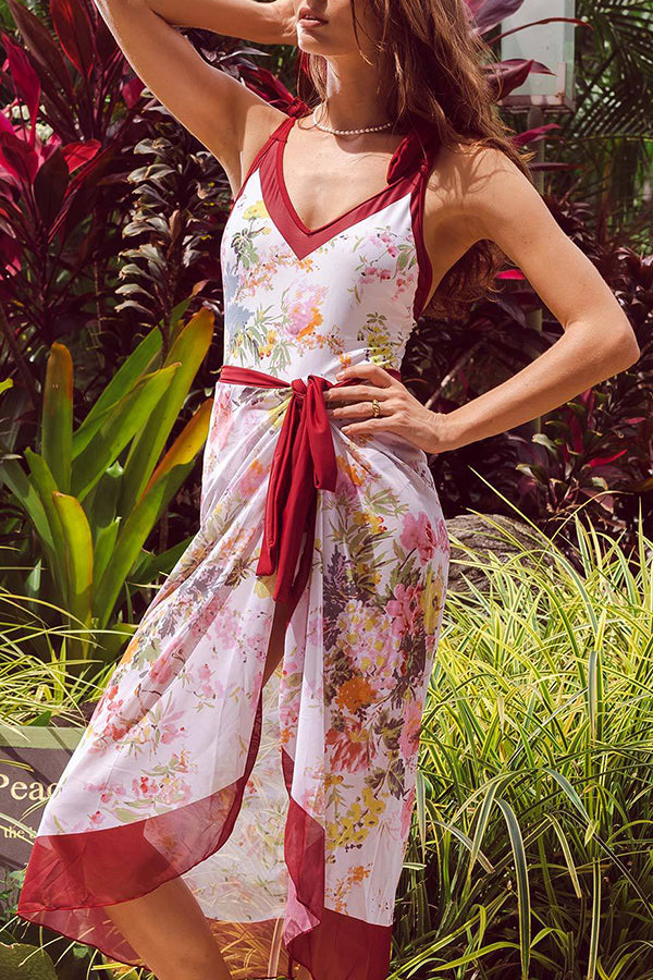Full of Sunshine Printed Shoulder Tie One-piece Swimsuit With Midi Cover-up Skirt