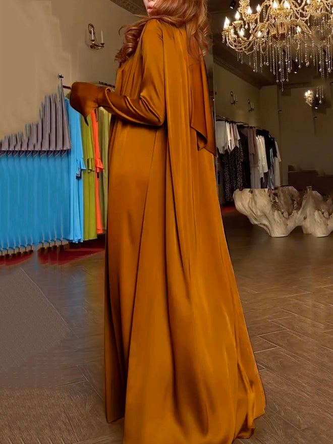 Flared Sleeves Long Sleeves Color High-neck Maxi Dresses