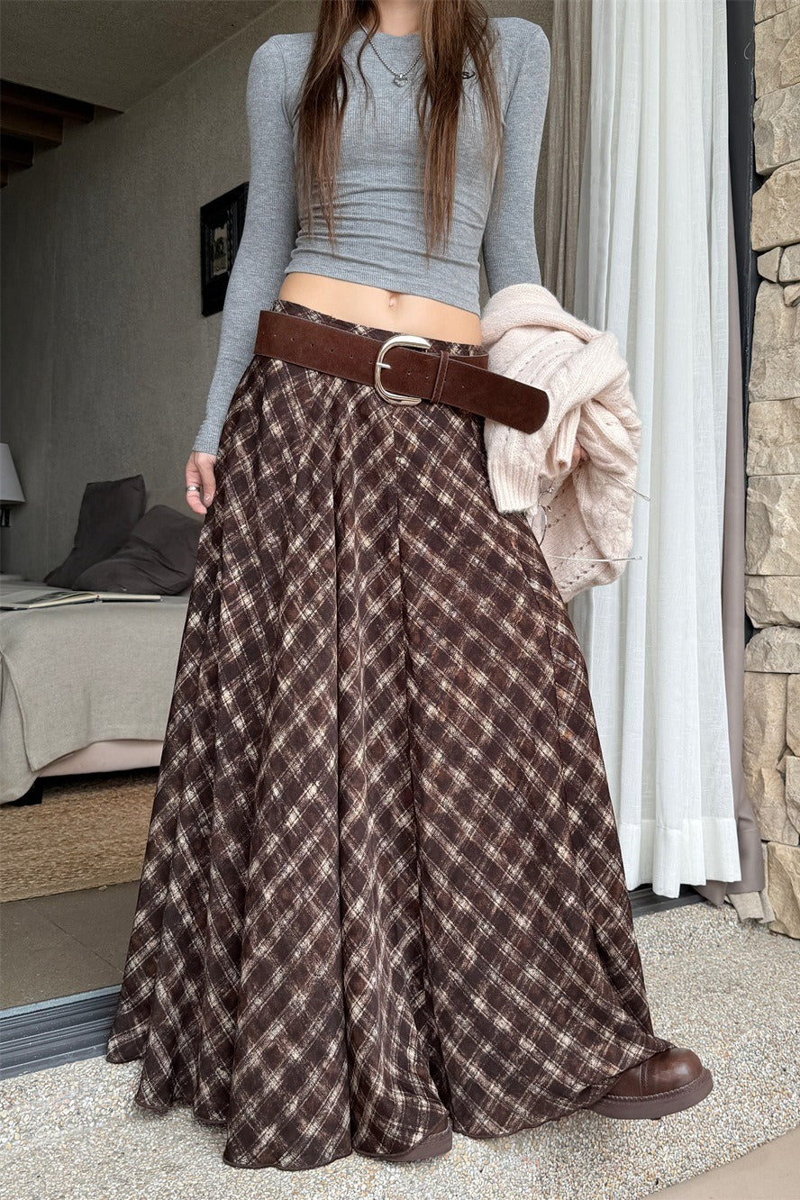Plaid Earthy Tones High Waist Flowy Midi Skirt