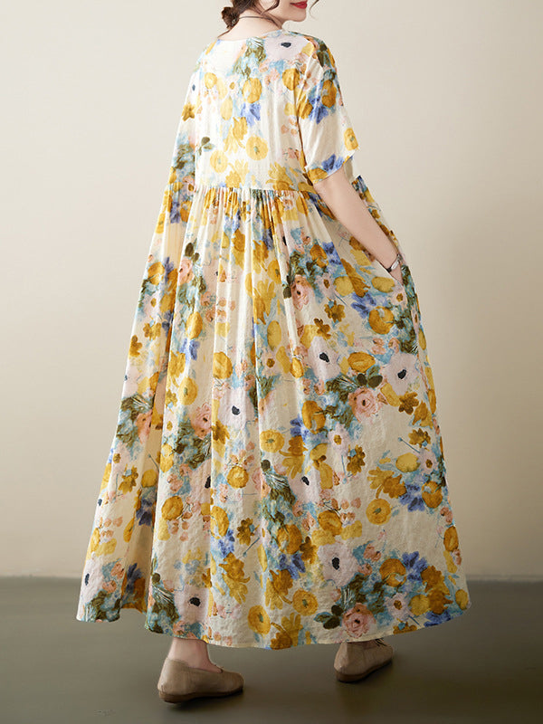 A-line Loose Printed Round-neck Midi Dresses